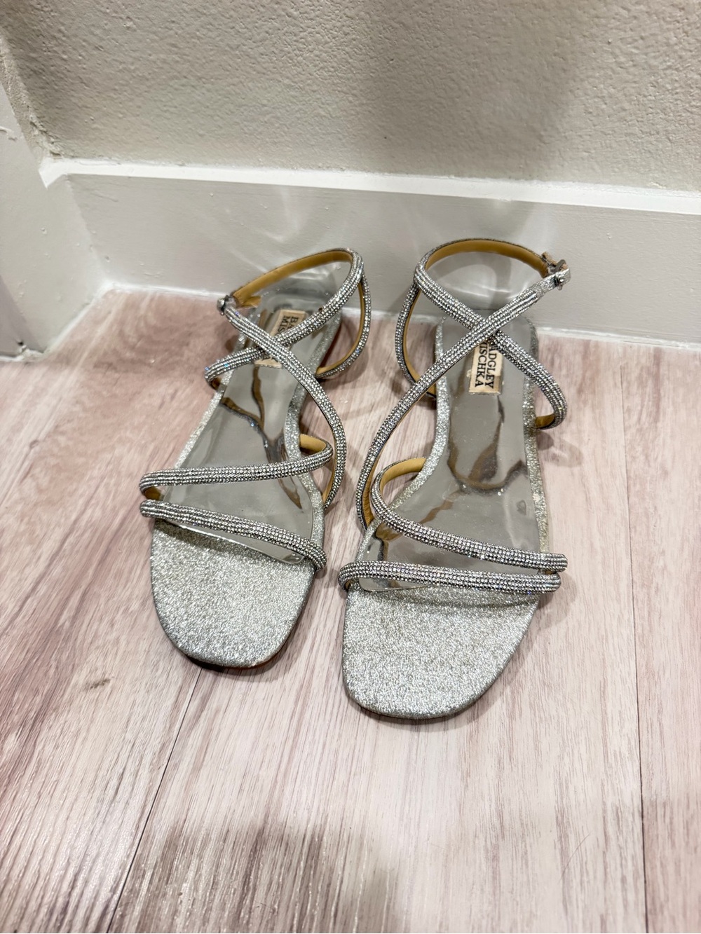 Badgley Mischka Silver Strappy Crystal Embellished Sandals